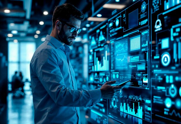 data analyst working with futuristic interface