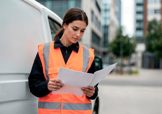 Delivery person reviewing documents
