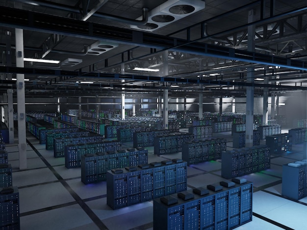 dimly lit facility running deep learning platforms and neural networks training