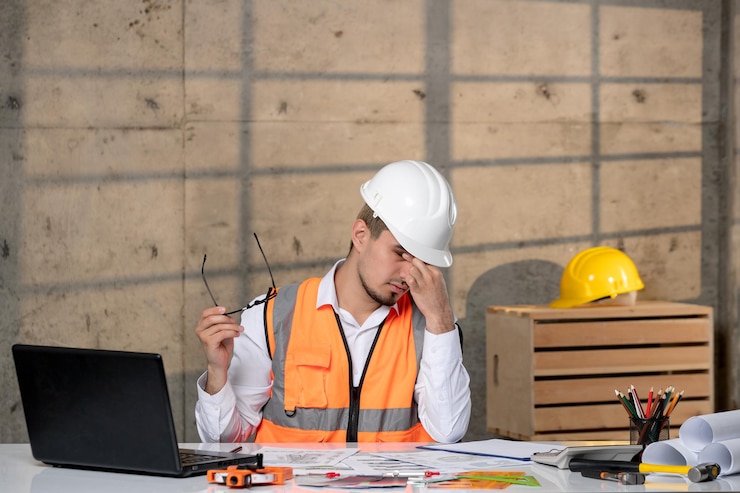 Gratis Foto engineer civil worker in helmet and vest smart young handsome cute guy