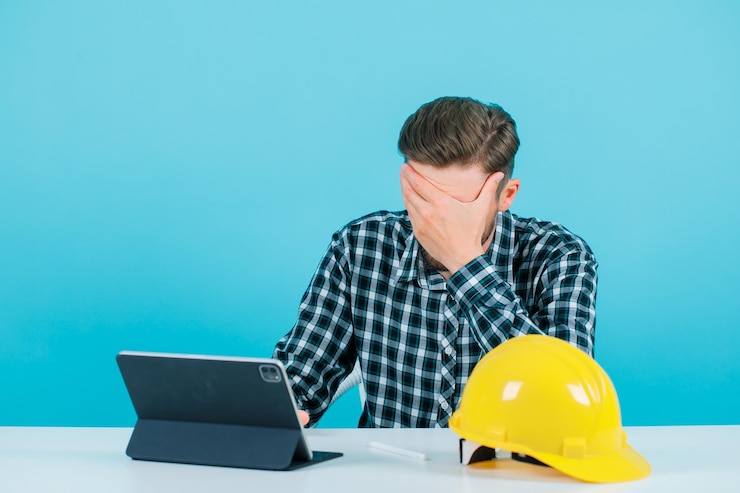 Gratis Foto engineer man is covering face by holding hand on forehead on blue background