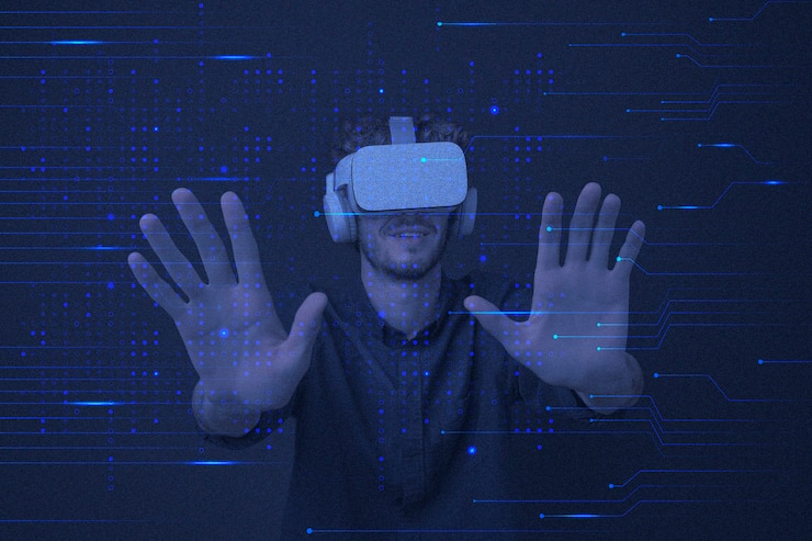 Gratis Foto entertainment technology vr background in blue circuit lines remixed media