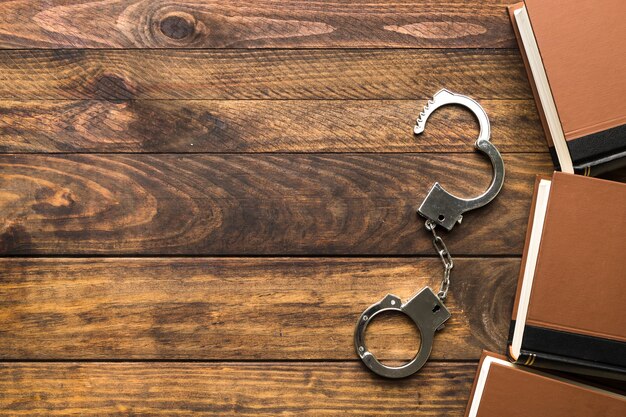 flat lay frame with books and handcuffs