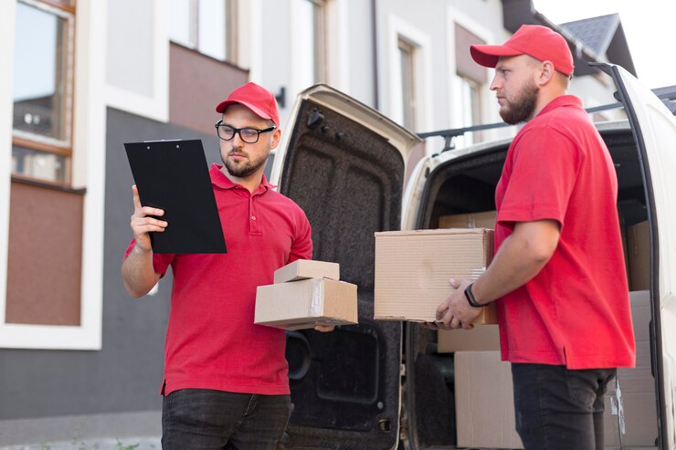 Gratis Foto front view of delivery man with packagaes