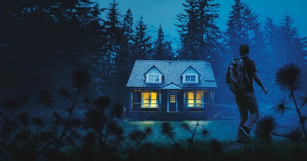Fullt bilde av reisende som finner hus i skogen