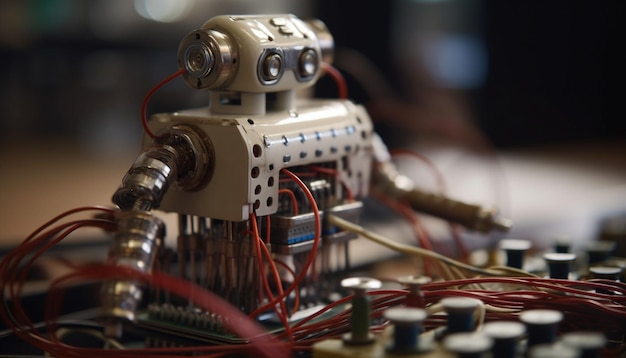 Futuristic robotic arm repairs complex circuit board generated by AI