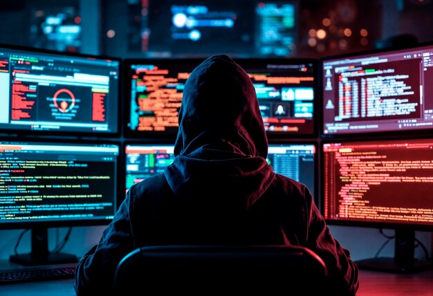 hacker working on computer system with multiple screens