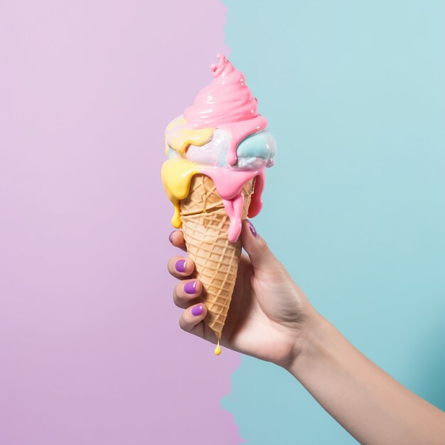 hand holding melting ice cream