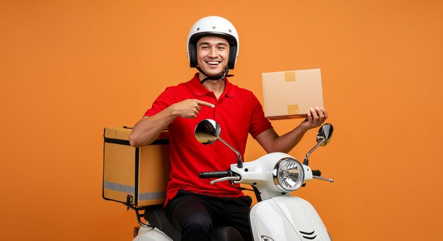 Happy delivery man with a package on a scooter