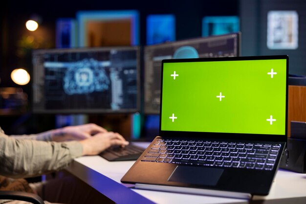 IT professional upgrading high tech AI mockup notebook on desk close up