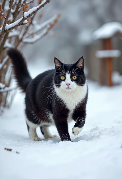 Katt i snødekte omgivelser