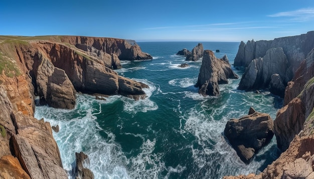 Majestic sandstone cliffs form idyllic seascape viewpoint generated by AI