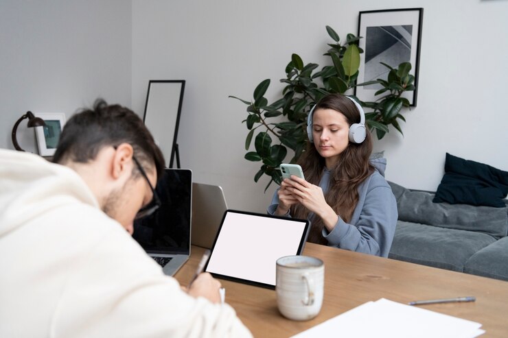 Gratis Foto man and woman working from home together at desk