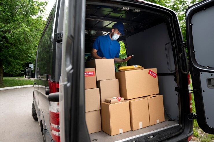 Gratis Foto medium shot delivery man in van