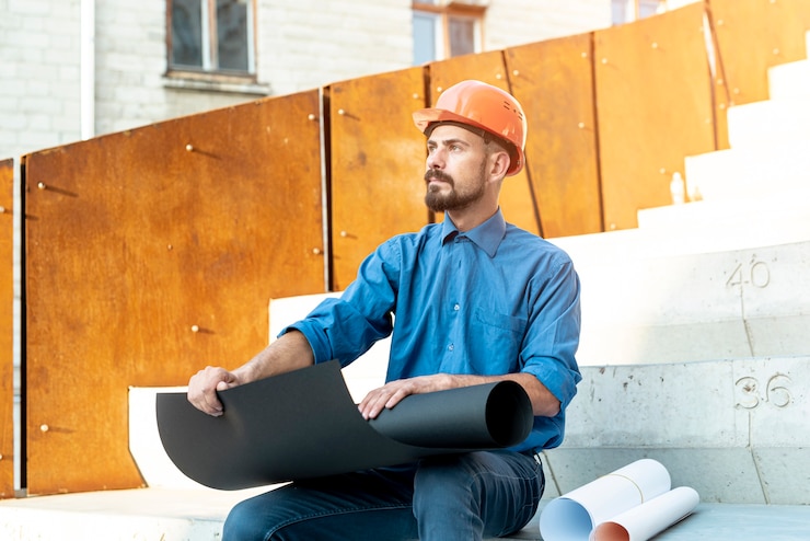 Gratis Foto medium shot of man with helmet and schematics