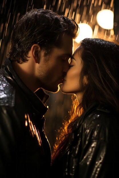 medium shot romantic couple kissing