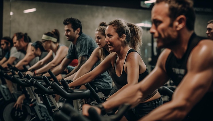 Gratis Foto men and women in gym cycling together happily generated by ai