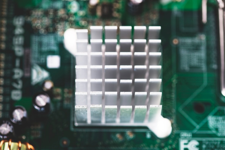 Gratis Foto overhead view of heatsink in motherboard circuit