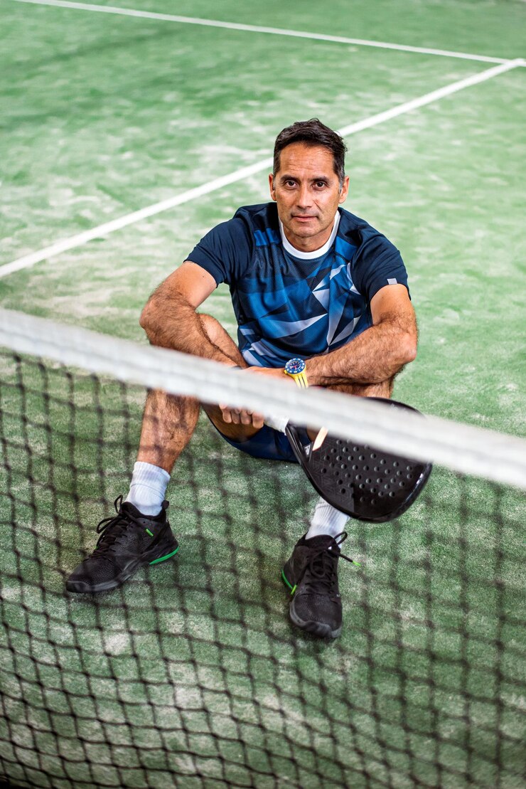Gratis Foto padel player looking at camera sitting in a padel court