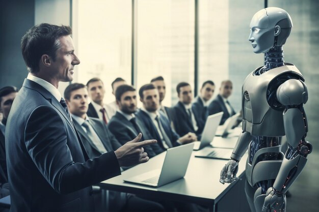 People listening to ai robot coworkers