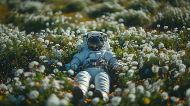 portrait of astronaut in space suit with flowers