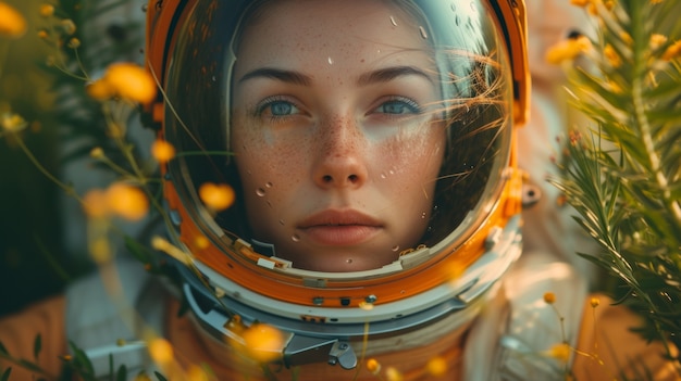 portrait of astronaut in space suit with flowers
