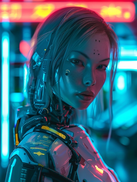 portrait of futuristic female humanoid with advanced technology