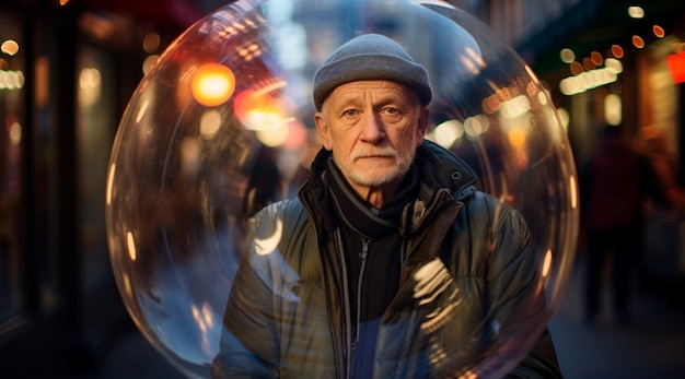 Portrait of man with clear bubble