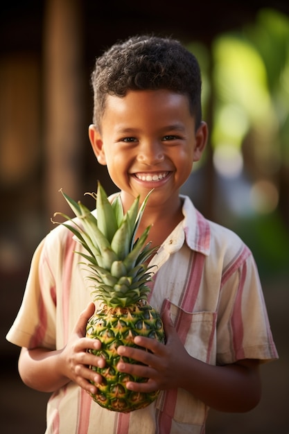 portrait of young boy with pineapple