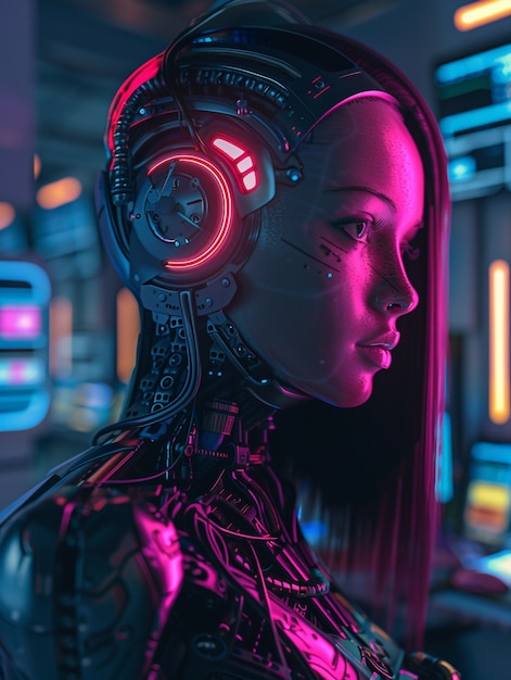 Portrett av futuristisk kvinnelig humanoide med avansert teknologi