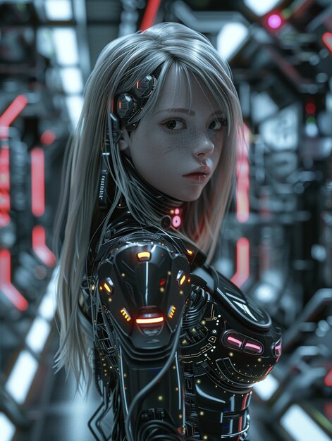 Portrett av futuristisk kvinnelig humanoide med avansert teknologi