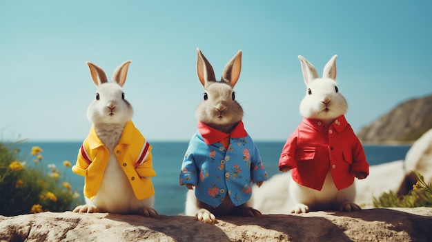 Realistic cute easter rabbits wearing colorful clothing on a coast background