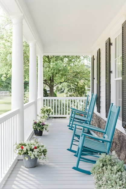 relaxing porch with rocking chairs and flowers