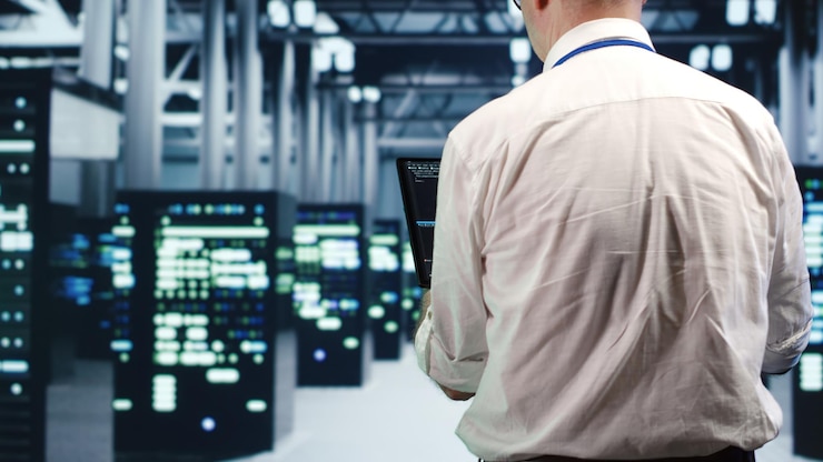 Gratis Foto repairman running code in data center