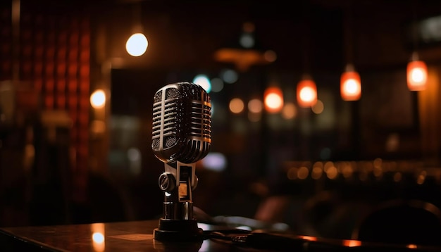Shiny microphone illuminates singer face on stage generated by AI