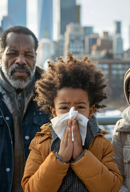 sick kid  blowing their snot into a tissue