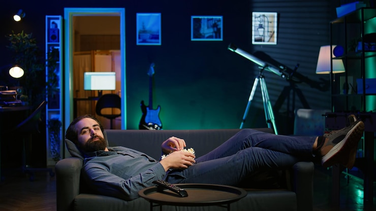 Gratis Foto smiling man lounged on couch eating popcorn while watching movie