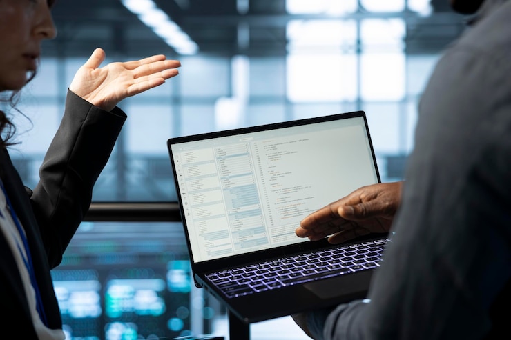 Gratis Foto software developers using laptop in data center managing server virtualization