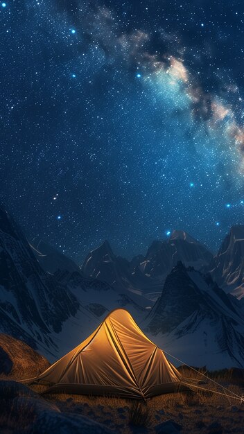 starry sky at night with landscape of mountains