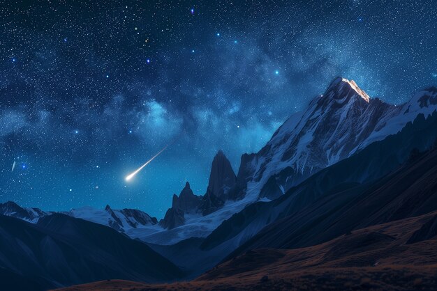 starry sky at night with landscape of mountains