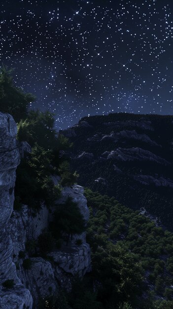 starry sky at night with landscape of mountains