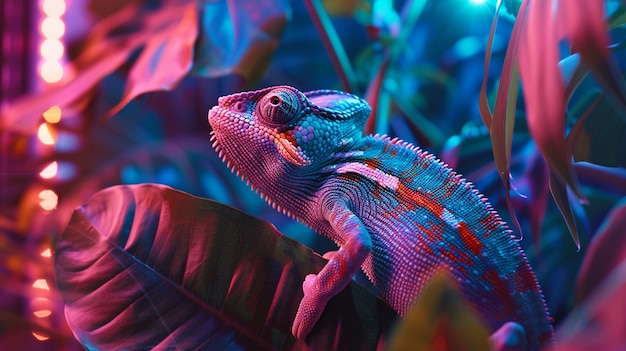 Sterke neonfarger som skinner på vill kameleon