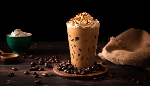 Stilleben av kaffebar med varm drikke i rustikk stil, generert av AI