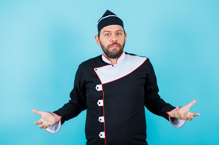 Gratis Foto surprised young chef is looking at camera by opening wide his arms on blue background