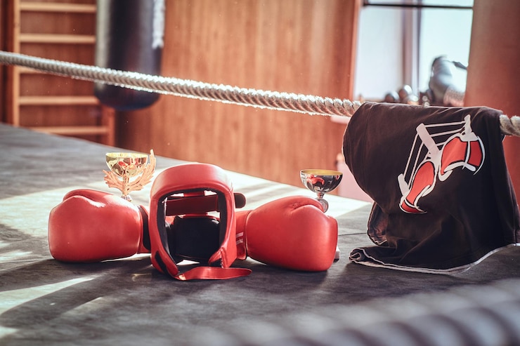 Gratis Foto there are prizes on sunny boxing ring - cups and tshirt, and also equipment like red gloves and helmet.