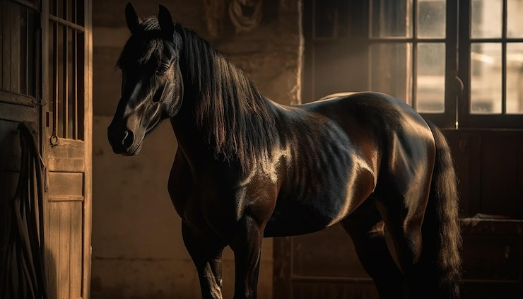 Gratis Foto thoroughbred stallion grazes in rural meadow beauty generated by ai