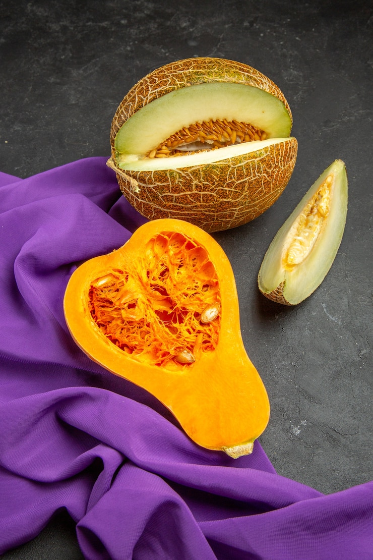 Gratis Foto top view of fresh pumpkin sliced fruit on dark background