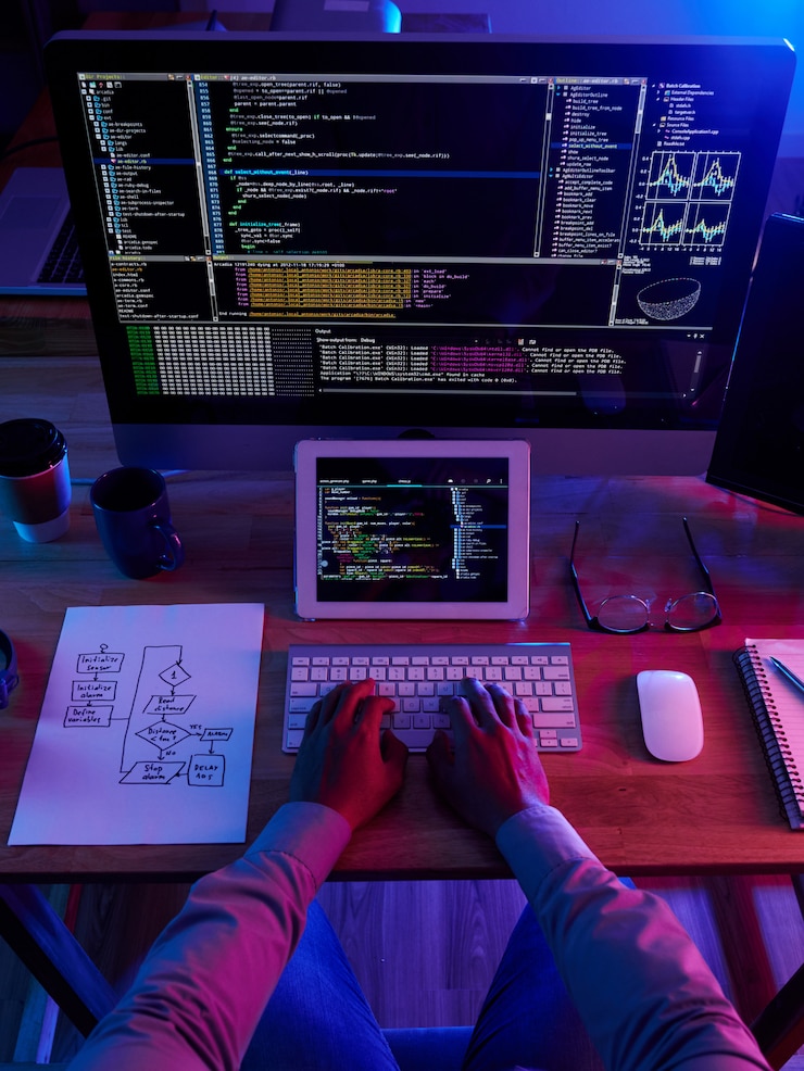 Gratis Foto top view of unrecognizable hacker performing cyberattack at night