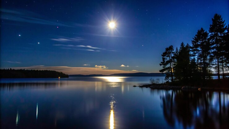 Gratis Foto tranquil moonlit lake with trees and stars