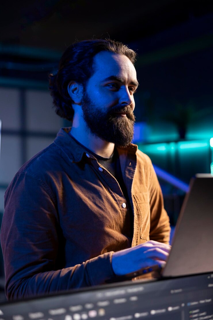 Gratis Foto upbeat it expert pleased after increasing data security using laptop